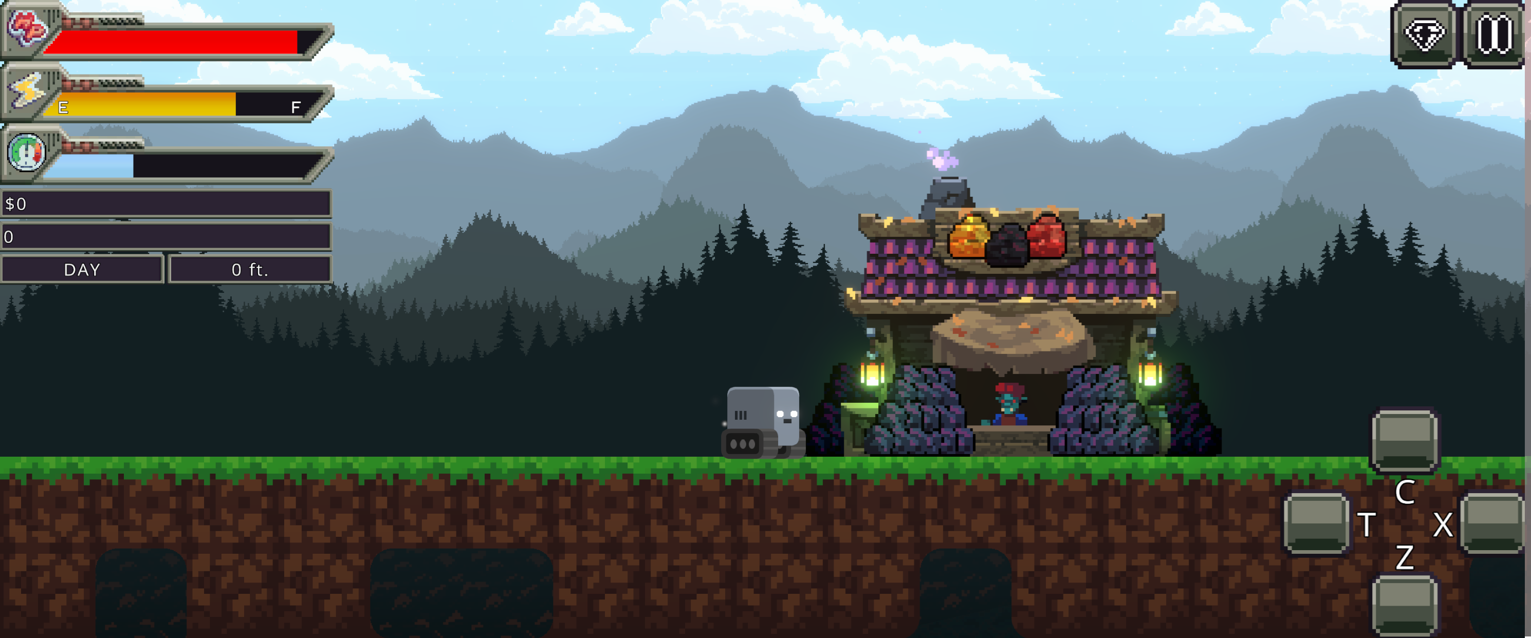 A screenshot from Fatherlode. The player is at the surface, standing next to a shop.