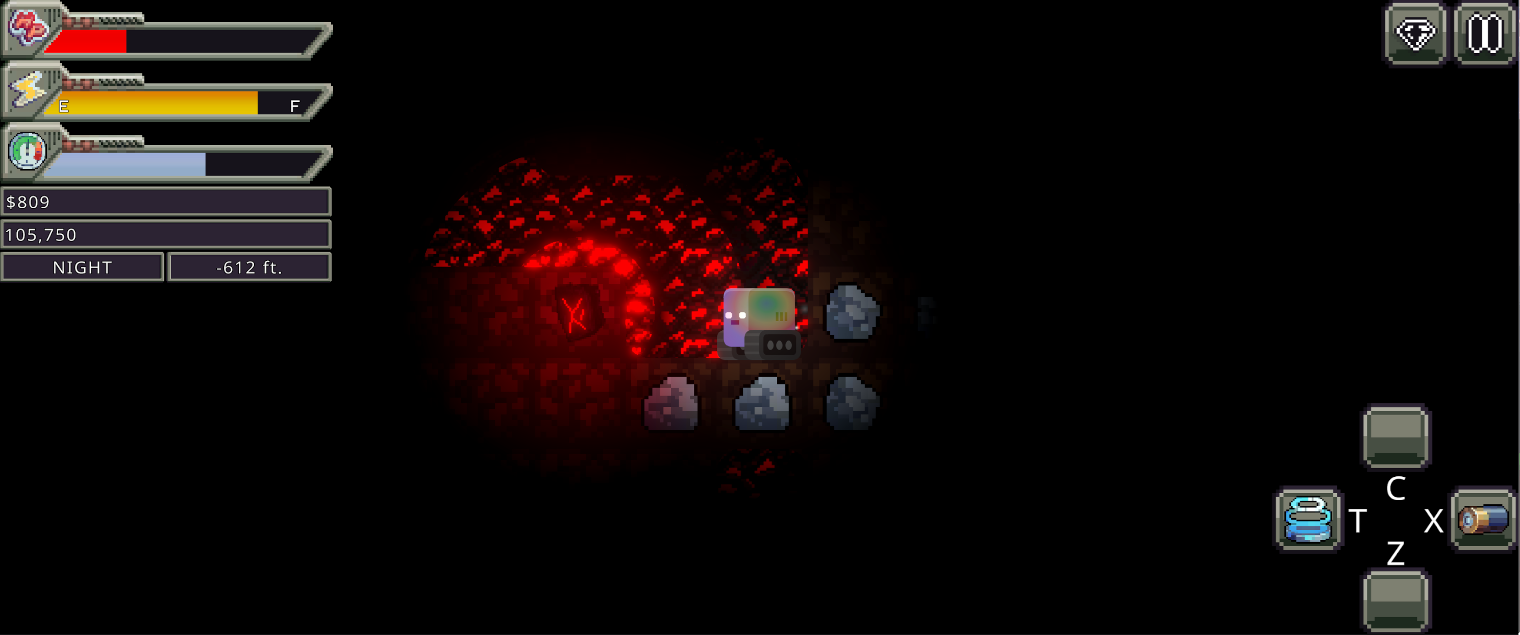 A screenshot from Fatherlode. The player is underground, next to some glowing tiles.