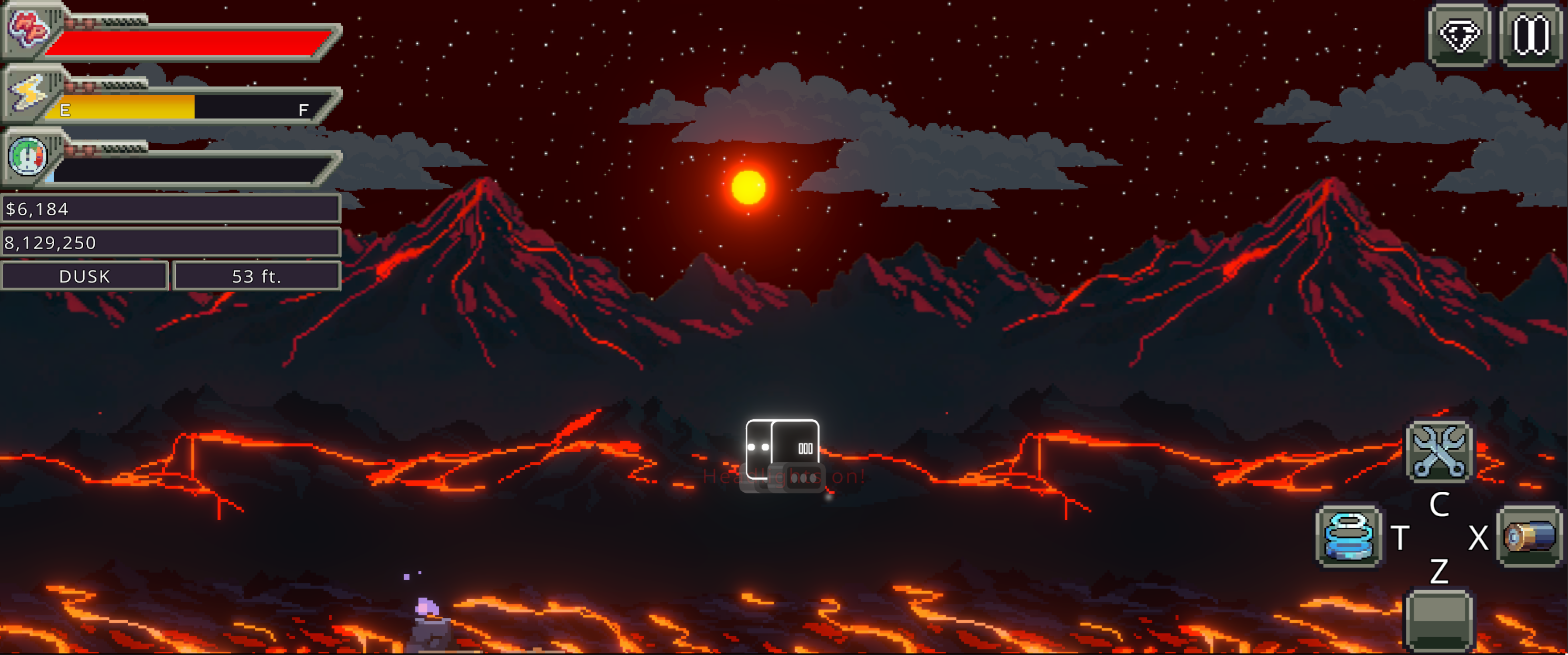 A screenshot from Fatherlode. The player is at the surface, there are volcanos in the background. The sky is dark red, and the sun is glowing orange
